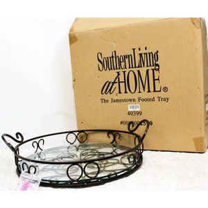 NEW Southern Living Home Jamestown Footed Tray Black Iron Circular Glass Insert